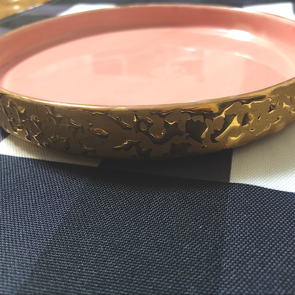 Vintage Weeping Bright Gold hand decorated pink jewelry dish
